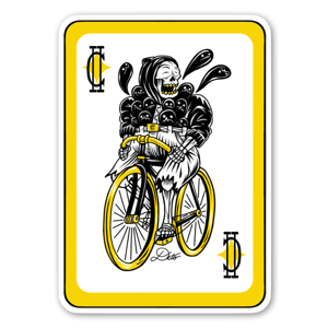 Ett spelkortsliknande sticker med döden cyklandes på. 