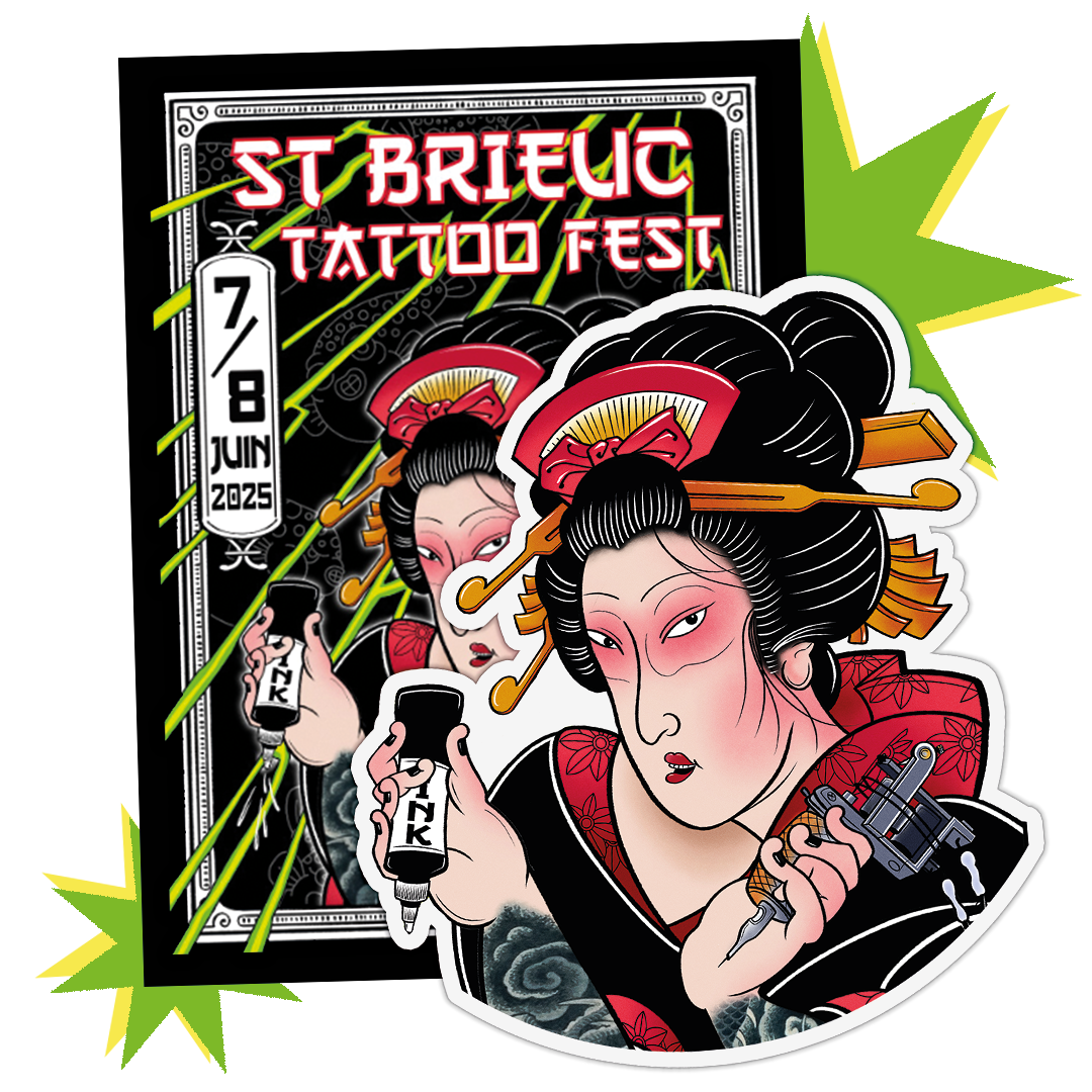Affisch för St Brieuc Tattoo Fest 2025 med ett utstansat klistermärke av en geisha med bläck och tatueringsmaskin