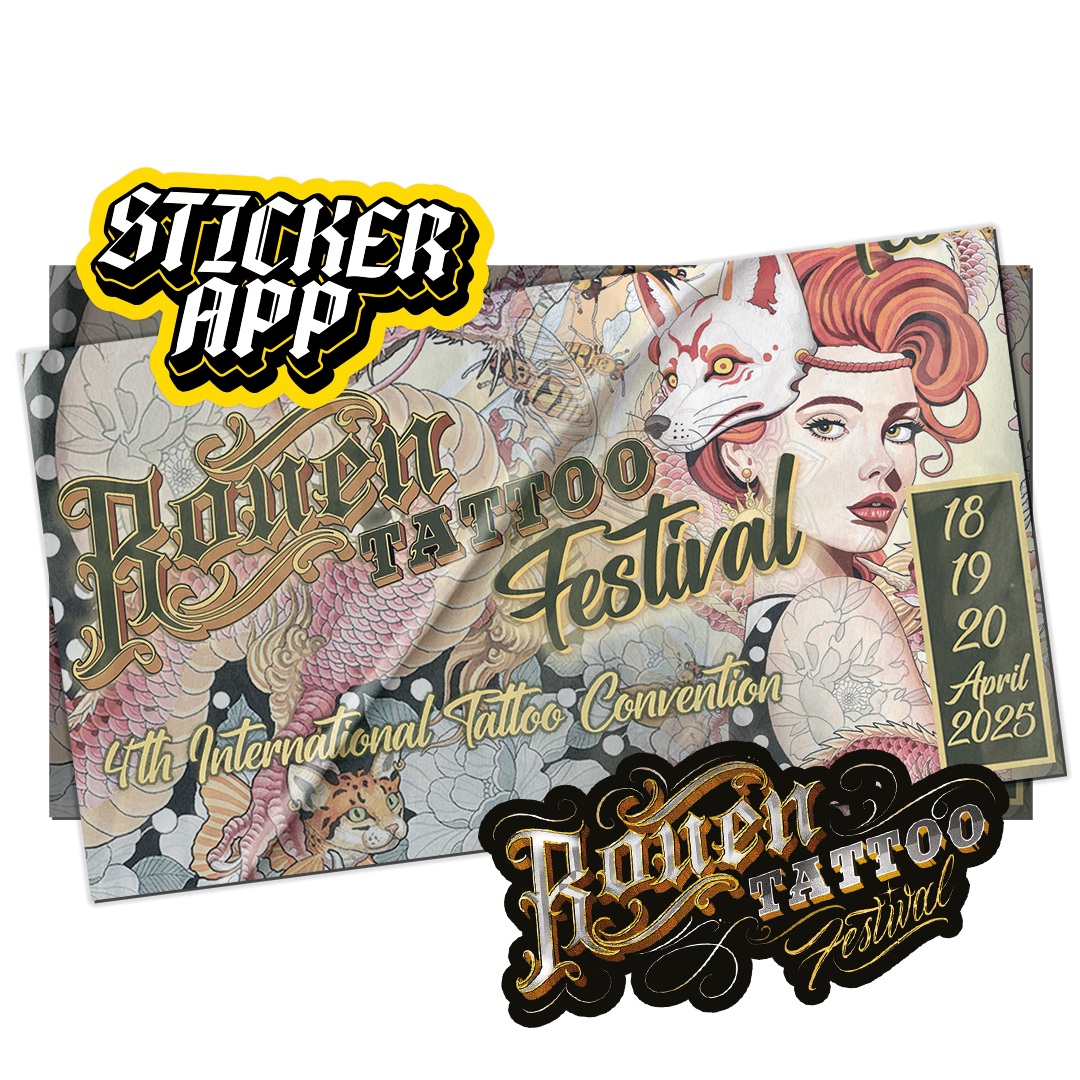 Affisch för Rouen Tattoo Festival 2025 med ett StickerApp-klistermärke och ett klistermärke med festivalens guldlogotyp