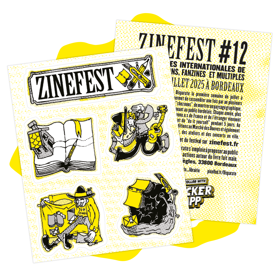 Klistermärkesark från ZINEFEST Bordeaux med fanzine-illustrationer bredvid festivalflyern