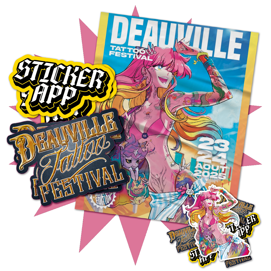 Affisch för Deauville Tattoo Festival med en tatuerad kvinna i animestil och StickerApp-klistermärken från samarbetet