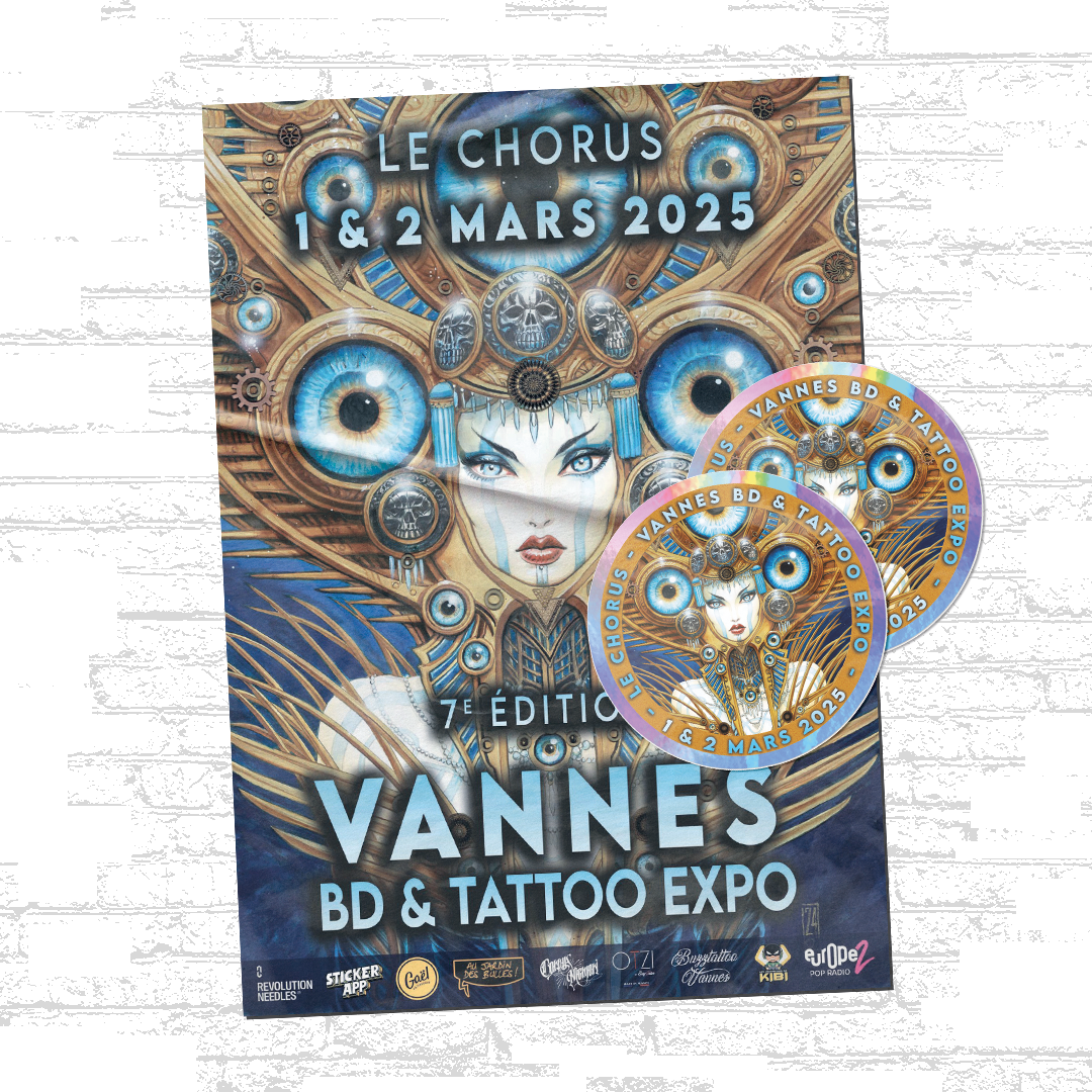 Affisch för Vannes BD & Tattoo Expo 2025 med matchande runda holografiska klistermärken