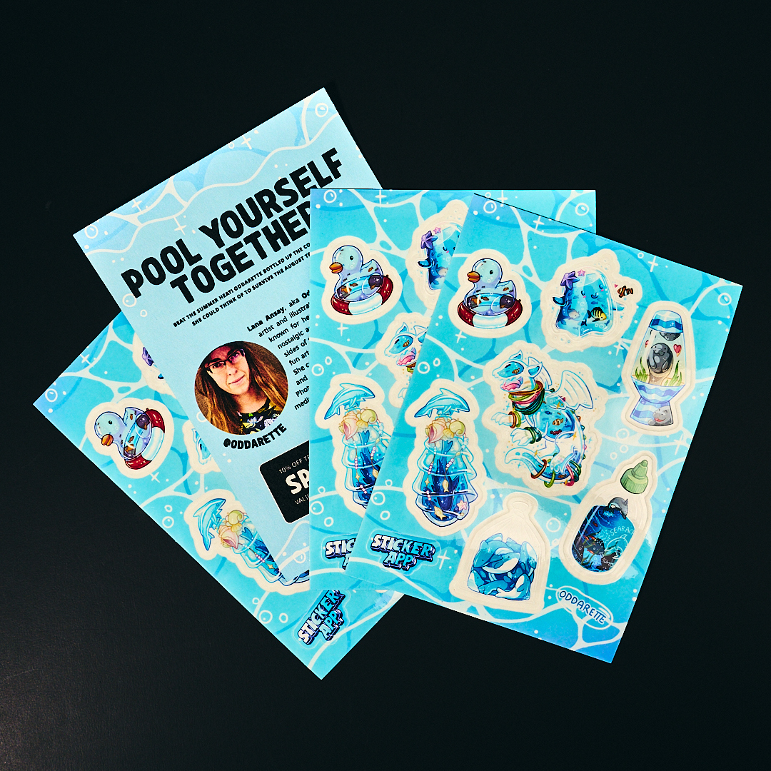 August Thank You cards printed on transparent with a lot of cartoony, quirky designs and the headline "pool yourself together", set on a black badkground