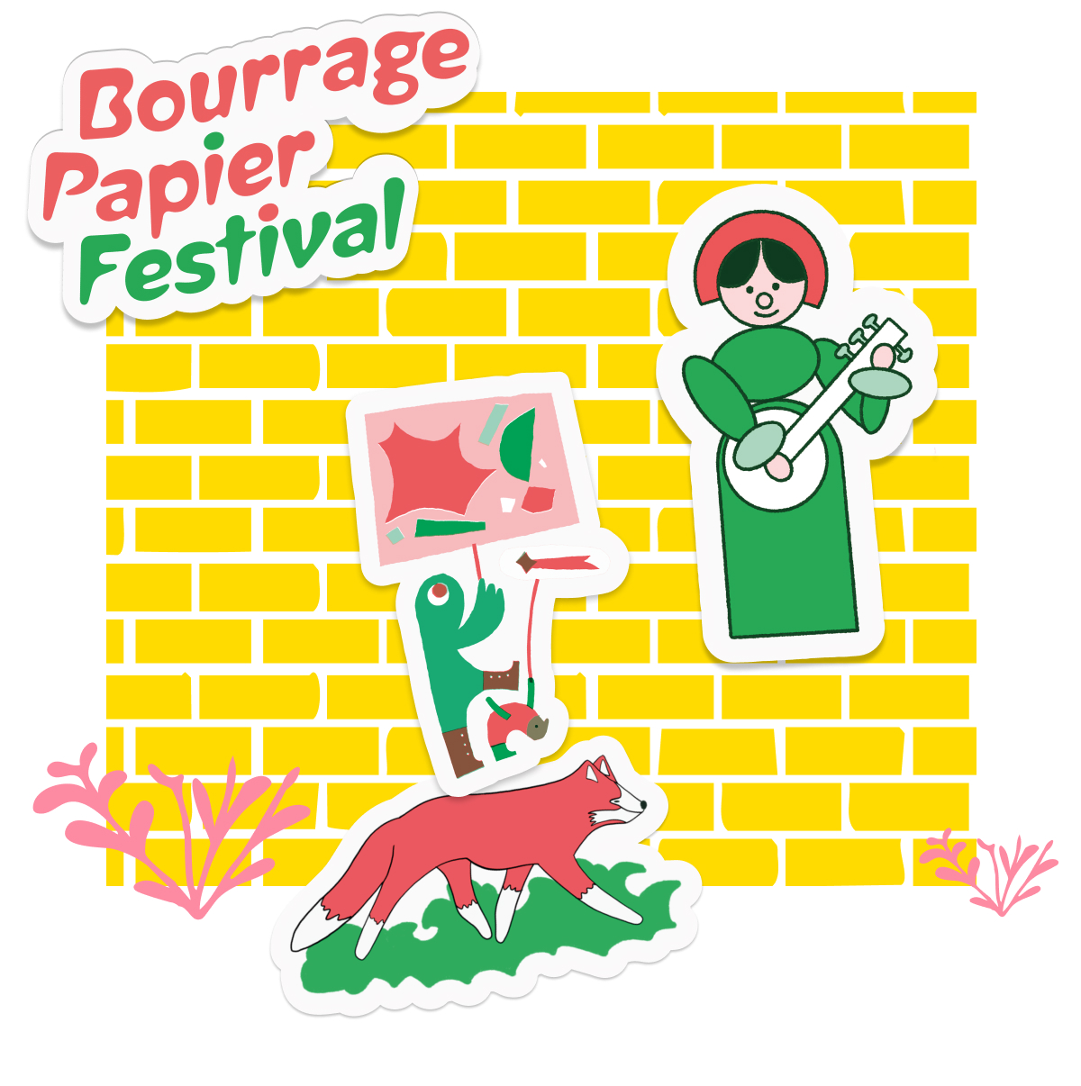 Klistermärken från Bourrage Papier Festival med en räv, en banjospelare och en figur med skylt mot en gul tegelvägg