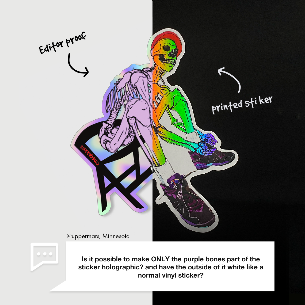 Image showing a sticker in the editor-mode and printed, with instructions from the customer on how to place the effects, on a grey and black background.