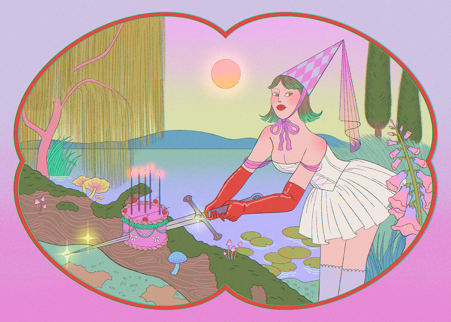 A whimsical illustration of a woman in a pointed hat and dress lighting candles on a cake with a sword by a serene lake at sunset.