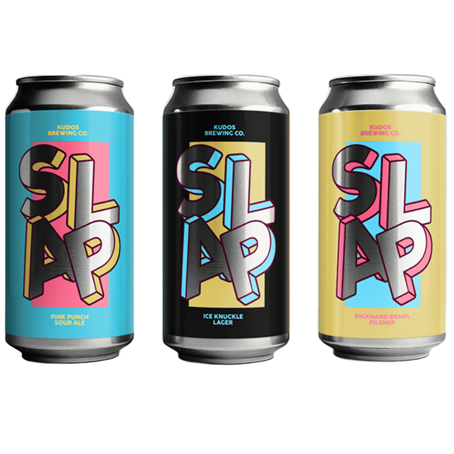 Tre ölburkar med egna etiketter för SLAP-ölen från Kudos Brewing Co., med fet text i metallisk silverfinish