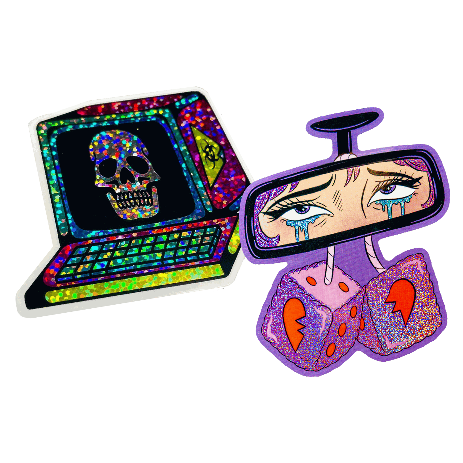 Die-cut klistermärke i glitter med en retrodator med en dödskalle på skärmen, bredvid ett die-cut klistermärke i Pixie Dust med en backspegel med tårfyllda ögon och luddiga tärningar
