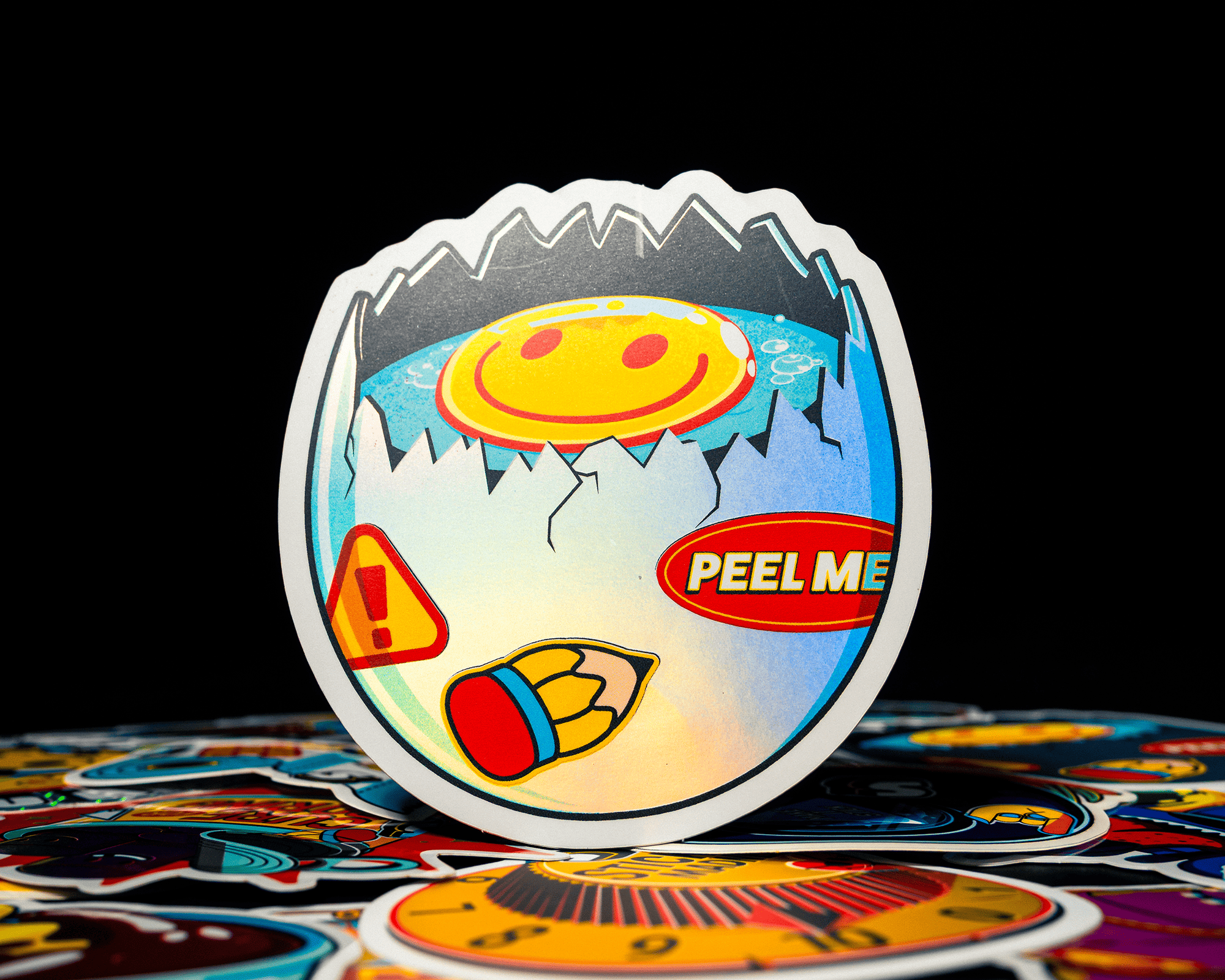 A colorful sticker of an egg with a smiley face