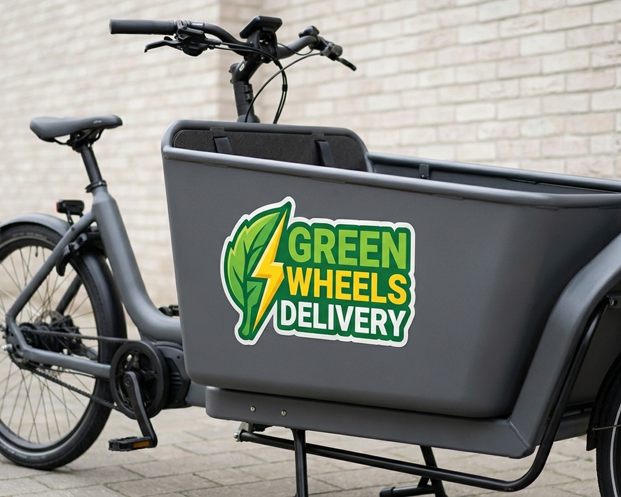 Egen dekal i die-cut med en logga med blad och blixt och texten "Green Wheels Delivery" på lådan till en lådcykel