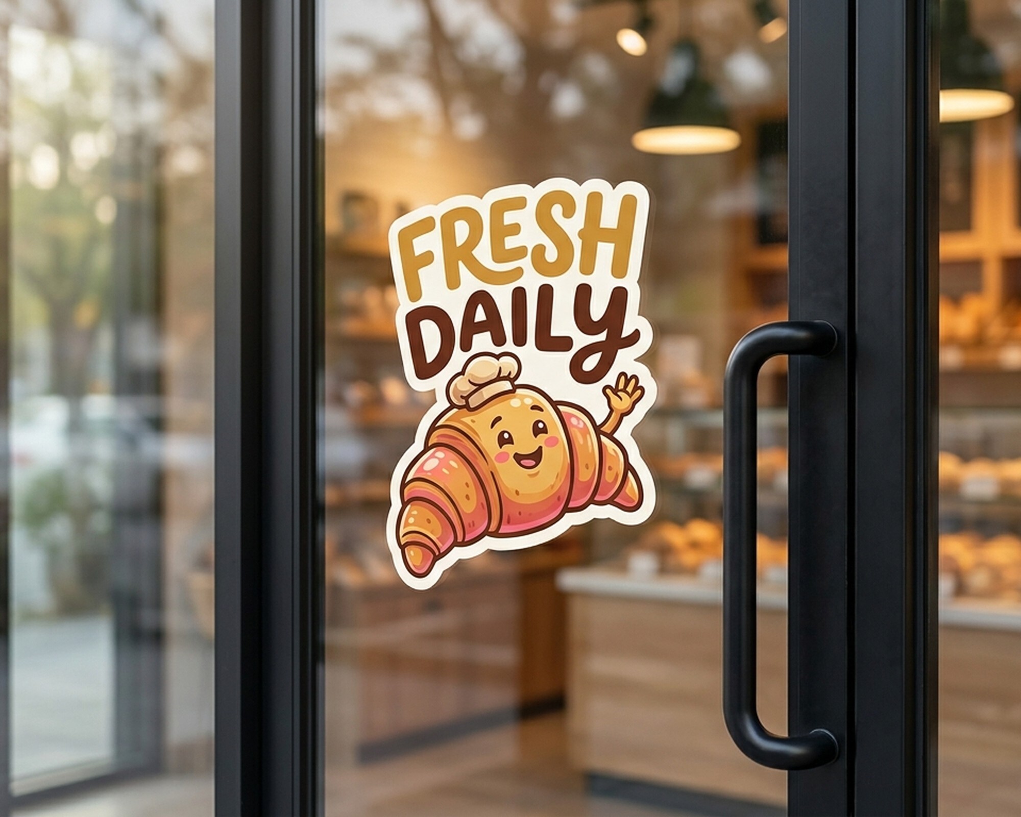 Egen dekal i die-cut med en glad croissant och texten "Fresh Daily" på ett bageris glasdörr