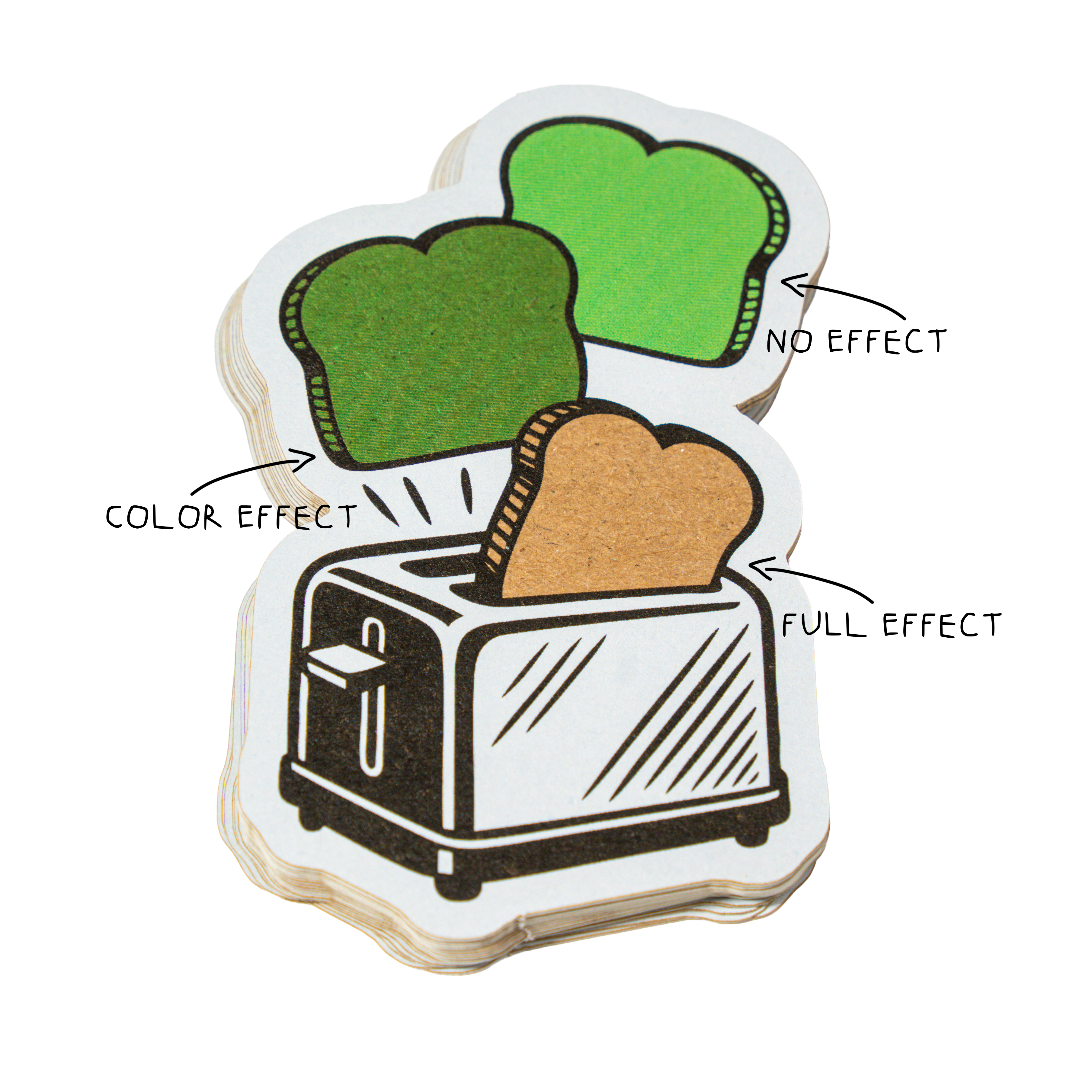 Die cut sticker of a toaster with three slices of bread, showing different print effects labeled as no effect, color effect, and full effect