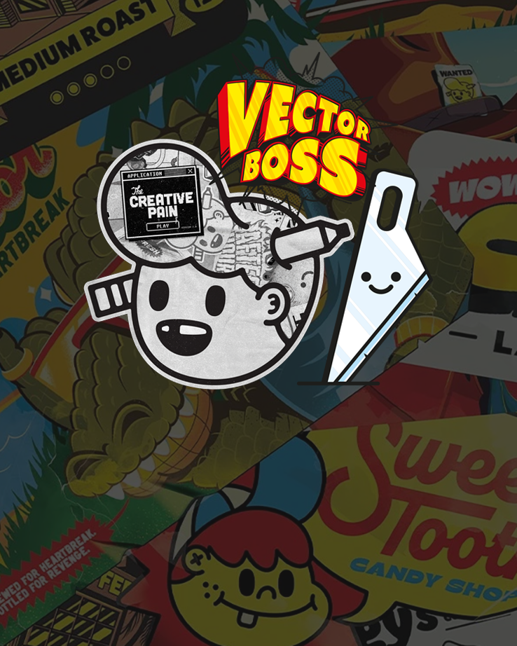 det kreativa smärt-klistermärkescollaget med klistermärken och pennhuvud