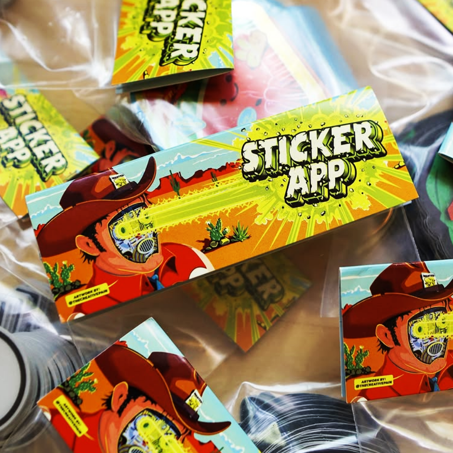 Colorful sticker packs with a cowboy design header, labeled "Sticker App," scattered on a surface.