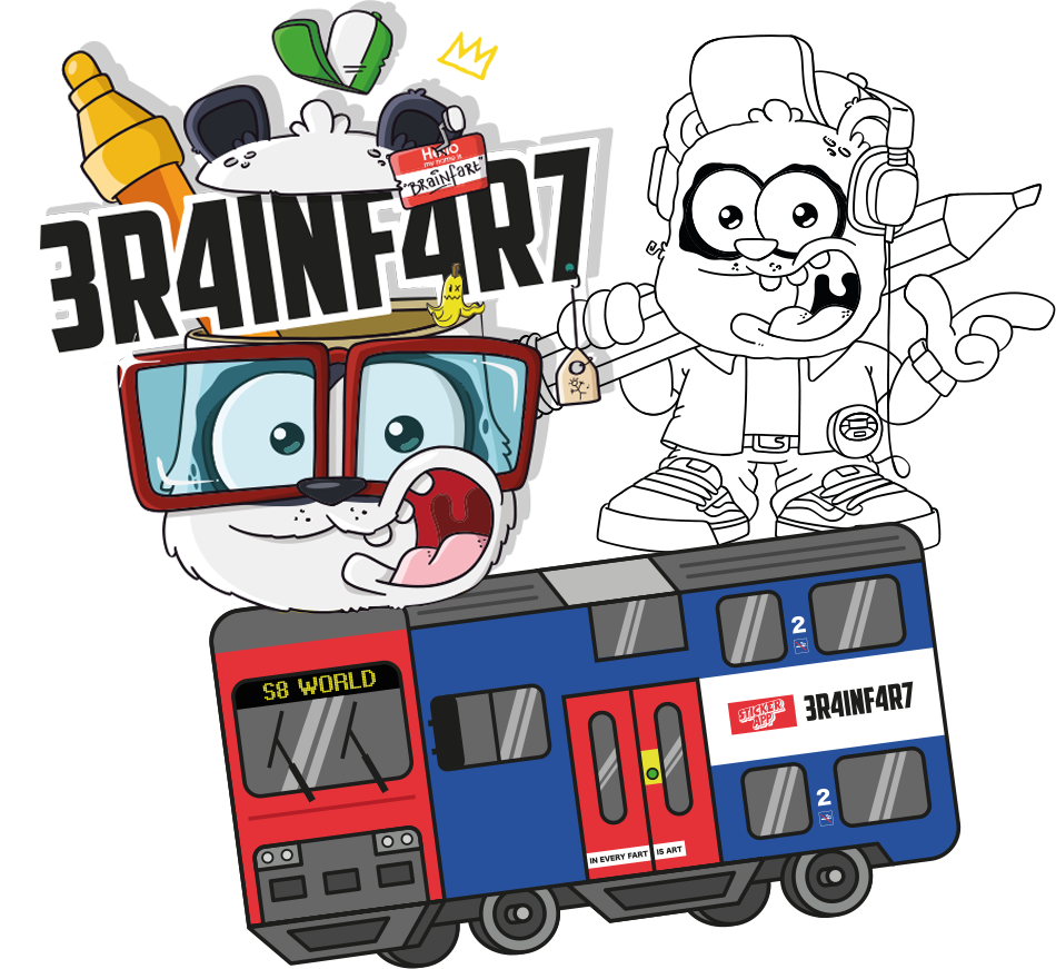 Illustration för Brainfart x StickerApp med logotypen 3R4INF4R7, två tecknade figurer och ett pendeltåg från S8 World