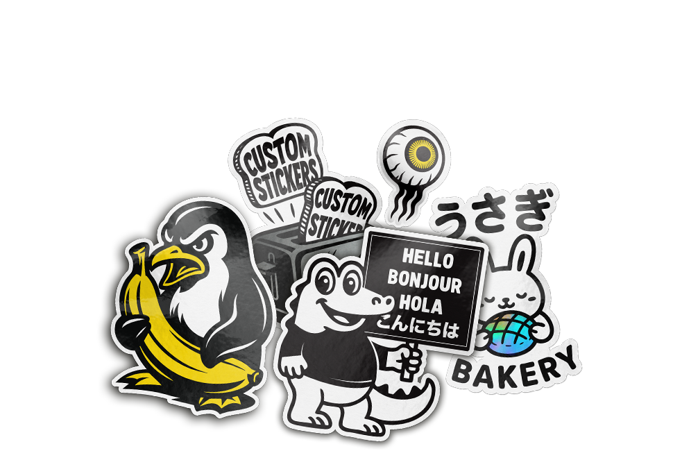 A variety of stickers including a penguin with a banana, a crocodile with a multilingual sign, and a rabbit holding a globe.